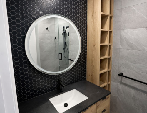 Bathroom vanity with black hex tile feature wall | Birchmount Interior Solutions