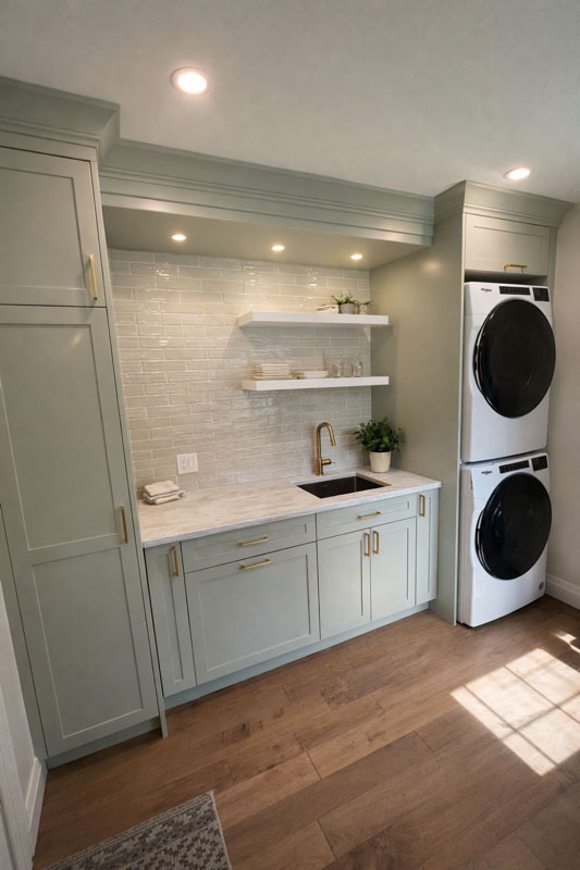 Laundry room with built-in cabinets, a small sink, open shelving, and stacked washer and dryer.