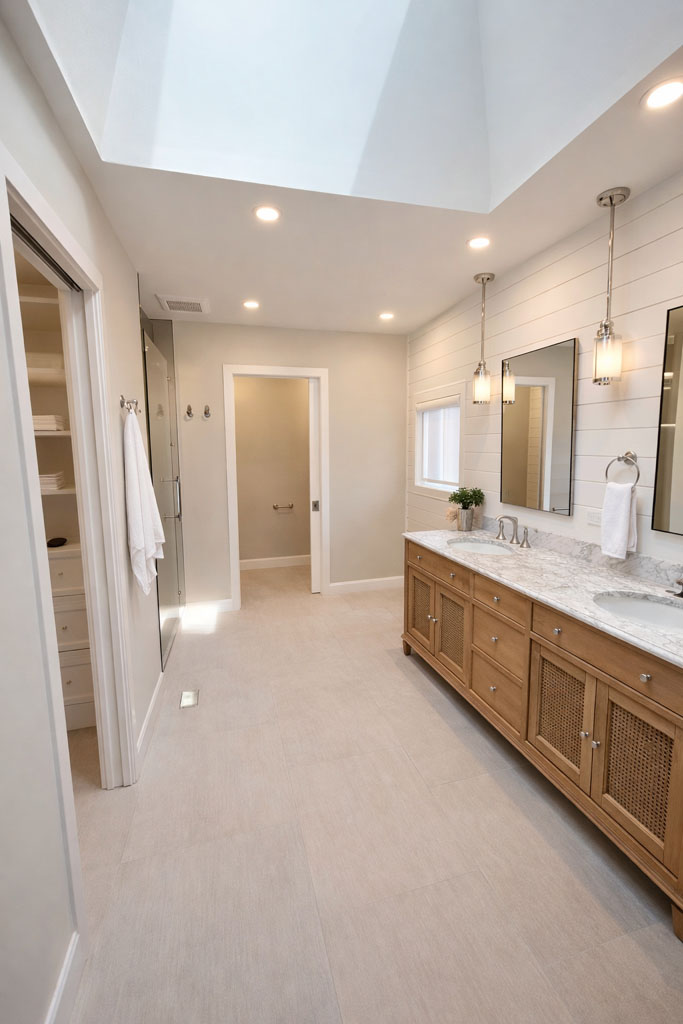 Spacious renovated bathroom with a long double vanity, bright lighting, and a large skylight.