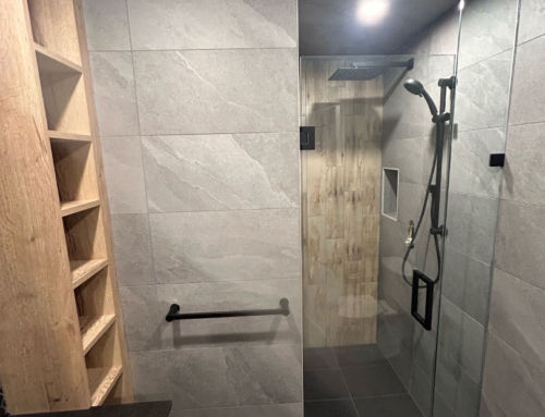 Walk-in shower with large-format tile and niche | Birchmount Interior Solutions